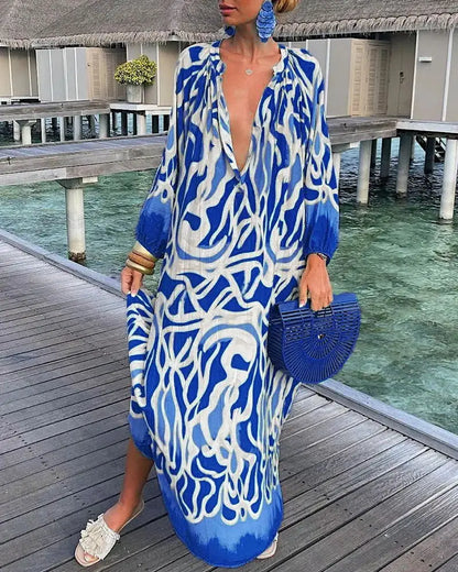 Elegante vestido largo con escote en V para mujer: vestido bohemio informal para vacaciones de verano.