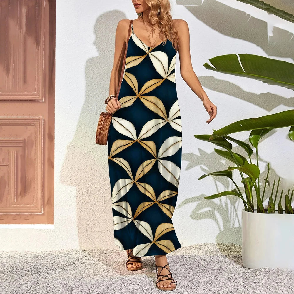 Robe longue grande taille à imprimé plumes – Robe d'été trapèze sans bretelles avec poches