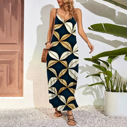 Robe longue grande taille à imprimé plumes – Robe d'été trapèze sans bretelles avec poches