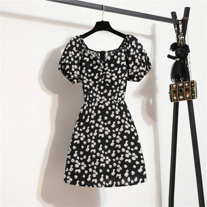 Women’s Summer Mini Dress – Floral Print Chiffon Shirring Pleated Puffy Sleeve Dress
