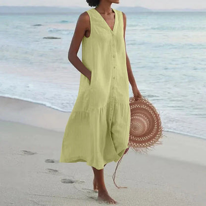 Summer Cotton Linen Patchwork Dress – V-Neck Sleeveless Midi with Pockets