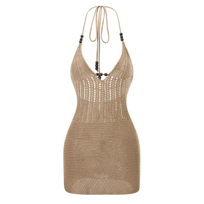 Robe courte dos nu Hirigin pour femme – Robe moulante d'été en tricot crocheté