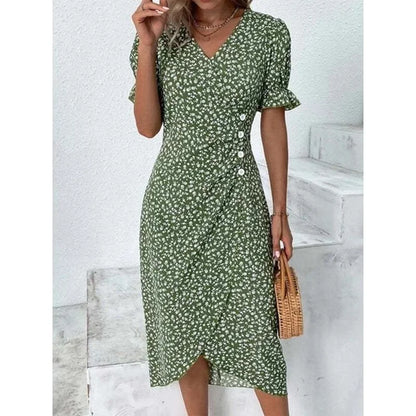 Robe midi plissée à fleurs élégante avec manches bouffantes et taille froncée