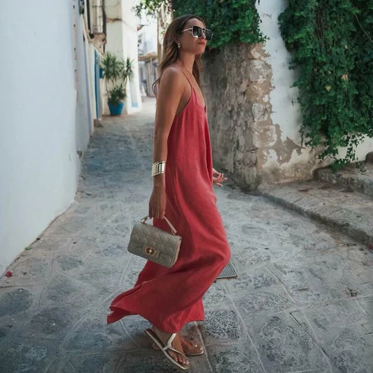 MUJER 2025 Red Slip Maxi Dress Women Sexy Backless Long Dresses for Woman Summer Beach Female Dress Draped Party Dresses Women