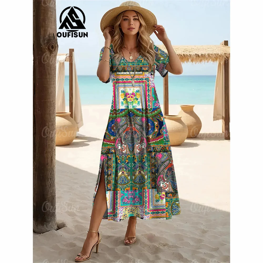 Elegant Women’s Vintage V-Neck Summer Dress – Loose Oversized Long Evening Dress