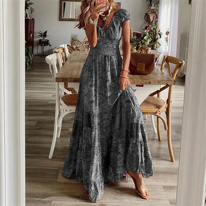 Summer Ethnic Printed A-Line Dress – Floral Petal Sleeves & Waist Detail