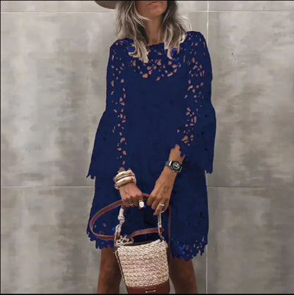 Lace Hollow Floral Dress – Elegant Long Sleeve Knee-Length Autumn Dress