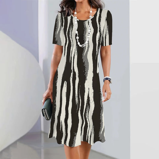 Vintage Striped Printed Short Sleeve Dress – Oversized Casual Women’s Dress