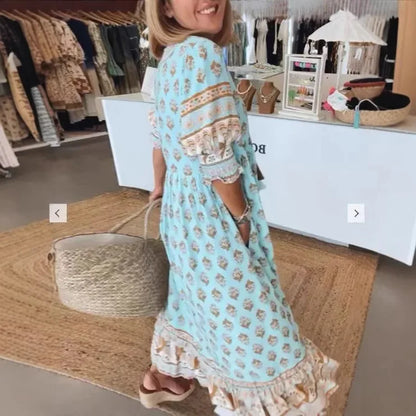 Bohemian Lantern Sleeve V-Neck Long Dress Women’s Spring Summer Beach Dress