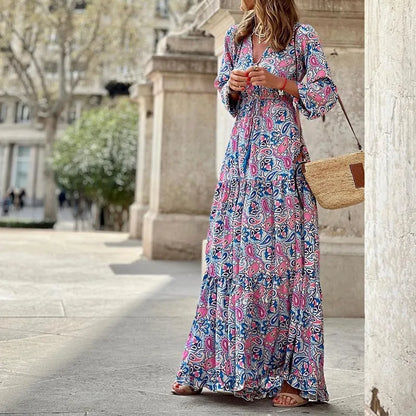 Bohemian V-Neck Printed Maxi Dress – Lace-Up Waist Long Sleeve Autumn Dress
