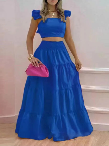 Summer 2-Piece Set – Sexy Solid Maxi Skirt & Loose Top Outfit for Women