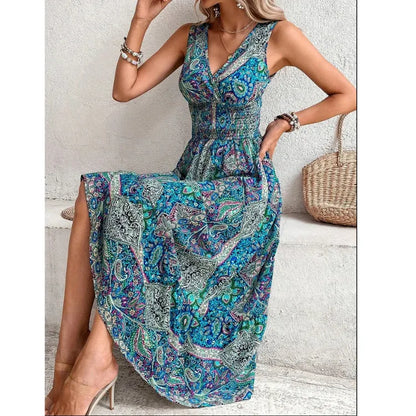 Boho Print Sleeveless Maxi Dress – Summer Beach Holiday Dress for Women