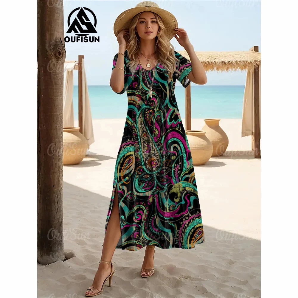 Elegant Women’s Vintage V-Neck Summer Dress – Loose Oversized Long Evening Dress