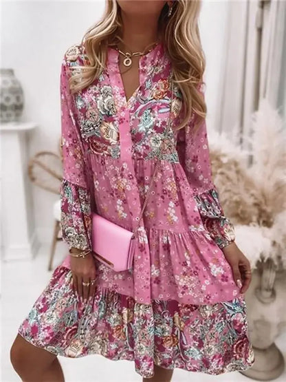 Boho V-Neck A-Line Dress – Summer Loose Printed Beach Party Dress