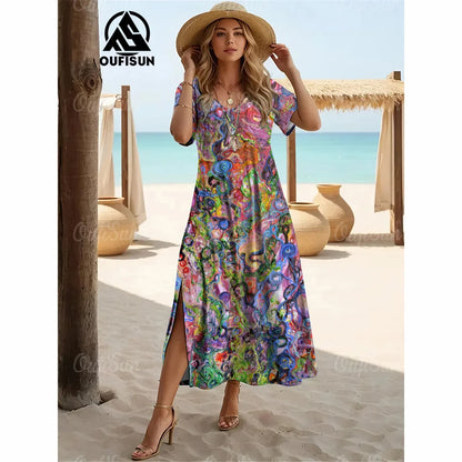 Elegant Women’s Vintage V-Neck Summer Dress – Loose Oversized Long Evening Dress
