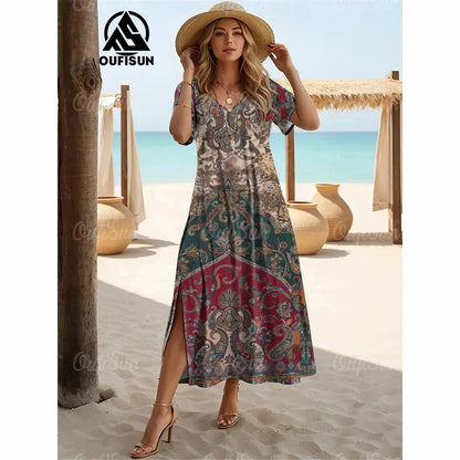Elegant Women’s Vintage V-Neck Summer Dress – Loose Oversized Long Evening Dress