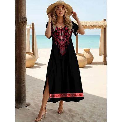 Robe longue fendue style bohème d'été – Robe pull à manches courtes et col en V pour femme