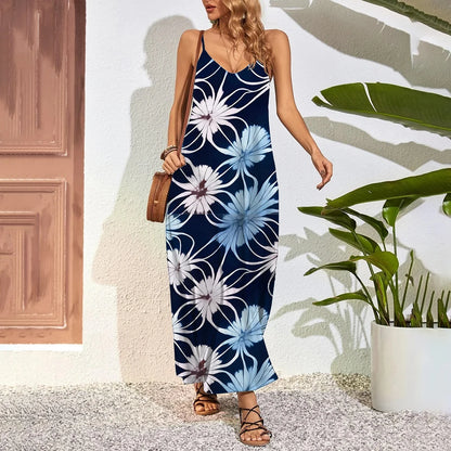 Robe longue grande taille à imprimé plumes – Robe d'été trapèze sans bretelles avec poches
