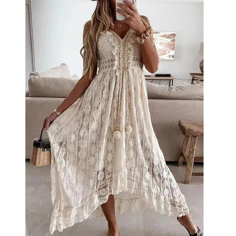 Lace V‑Neck Maxi Dress