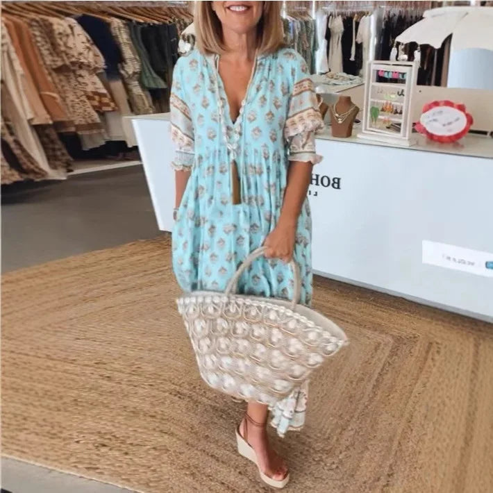 Bohemian Lantern Sleeve V-Neck Long Dress Women’s Spring Summer Beach Dress