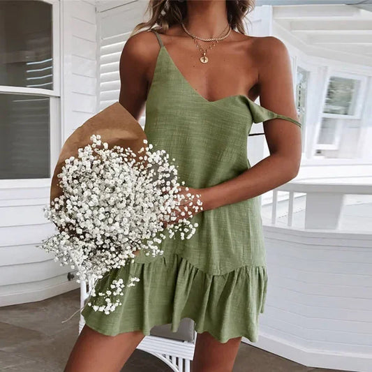 Women’s Sexy Green Spaghetti Strap Ruffle Mini Dress - Chic summer dress for women