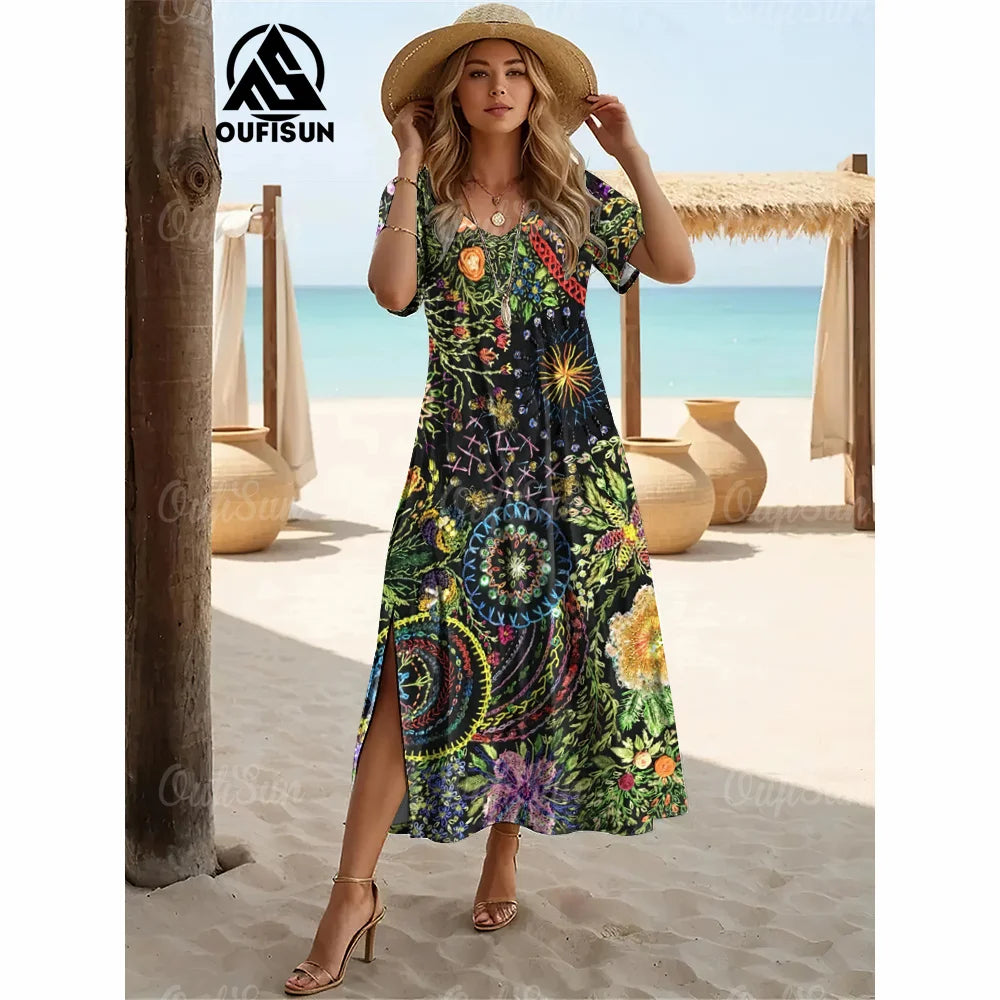 Elegant Women’s Vintage V-Neck Summer Dress – Loose Oversized Long Evening Dress