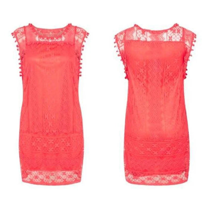 Robe d'été blanche sans manches en dentelle à pompons pour femme – Tenue de plage décontractée