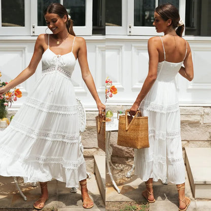 Boho Spaghetti Strap White Dress – Women’s Summer Beach Party