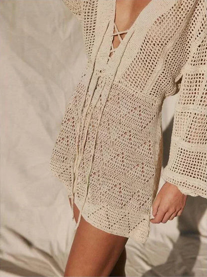 Sexy Deep V-neck Lace-up Mesh Mini Dress – Summer Beach Cover-Up