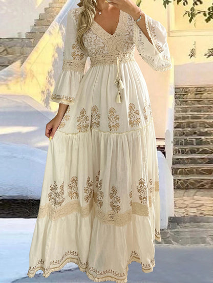 Vestido largo retro con encaje floral y escote en V: elegante vestido festivo con mangas acampanadas para mujer
