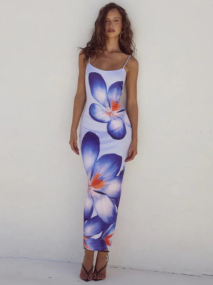 Floral Spaghetti Strap Bodycon Midi Dress – Elegant Sleeveless Backless Summer Gown