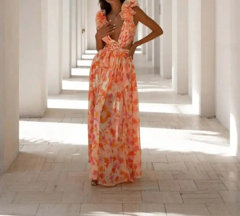 Women’s Sleeveless Hollow-Out Slim Fit V-Neck Floral Backless Dress