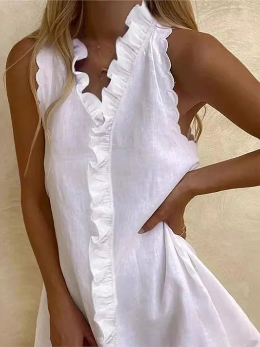 White Cotton Linen Mini Dress - Chic summer dress for women