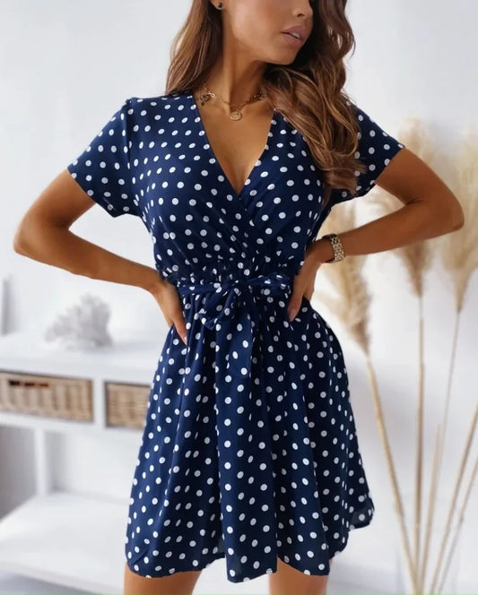Women’s Polka Dot Short Sleeve V-Neck Dress with Belt - Chic summer dress for women