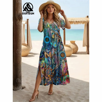 Elegant Women’s Vintage V-Neck Summer Dress – Loose Oversized Long Evening Dress