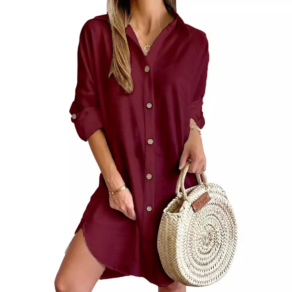 Robe chemise unie boutonnée sur le devant - Manches longues à revers - Robe décontractée printemps-automne pour femme