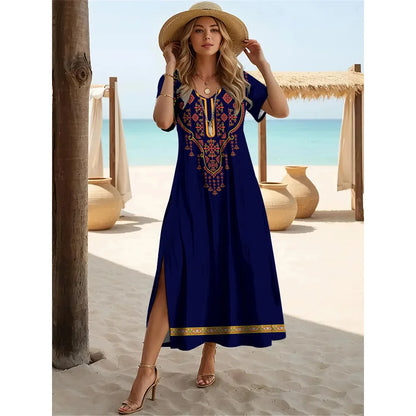 Robe longue fendue style bohème d'été – Robe pull à manches courtes et col en V pour femme