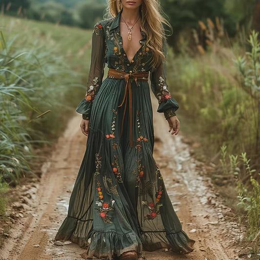 Vintage Pattern Long Sleeve V-Neck High Waist Pleated Dress – Bohemian Autumn Women’s Dress