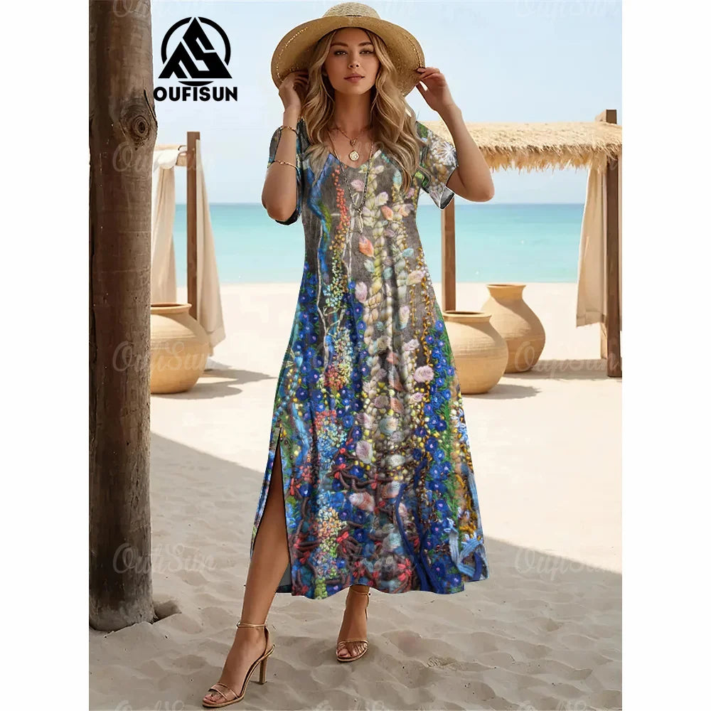Elegant Women’s Vintage V-Neck Summer Dress – Loose Oversized Long Evening Dress