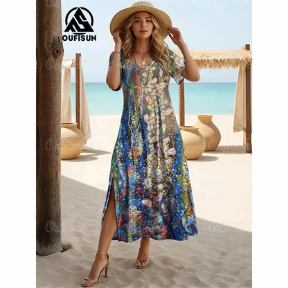Elegant Women’s Vintage V-Neck Summer Dress – Loose Oversized Long Evening Dress