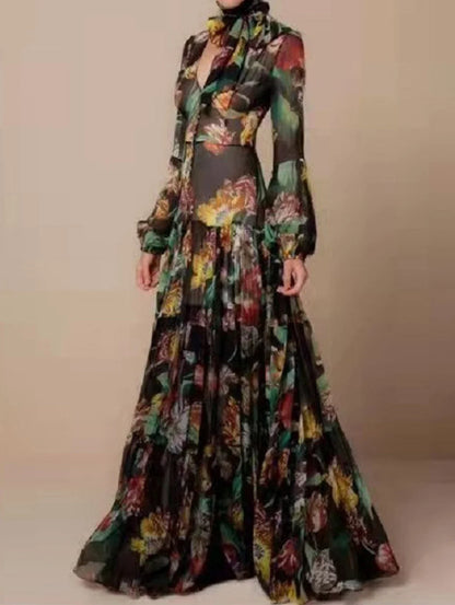 Elegant Floral Print Chiffon Dress – V-Neck Lantern Sleeve Swing Dress for Women
