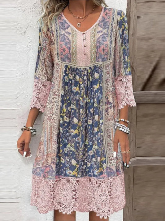Vintage Printed Lace Dress - Chic summer dress for women