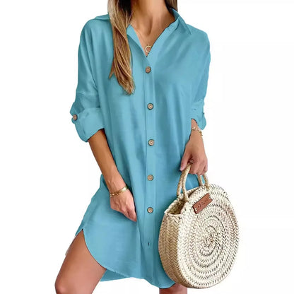 Robe chemise unie boutonnée sur le devant - Manches longues à revers - Robe décontractée printemps-automne pour femme