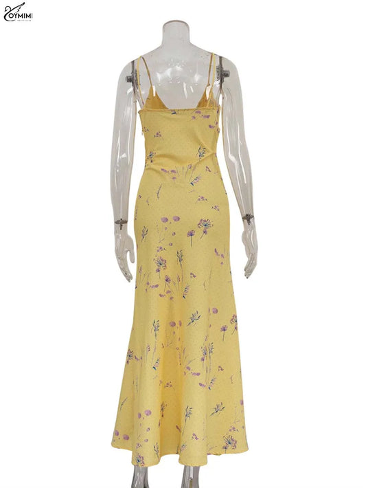 Oymimi Casual Yellow Print Spaghetti Strap Open Back Ankle-Length Dress - Chic summer dress for women