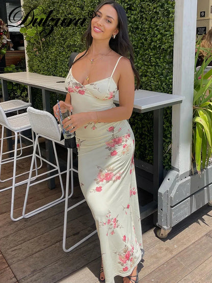 Women’s Floral Bodycon Maxi Dress – Dulzura Sleeveless Backless Club Party Dress