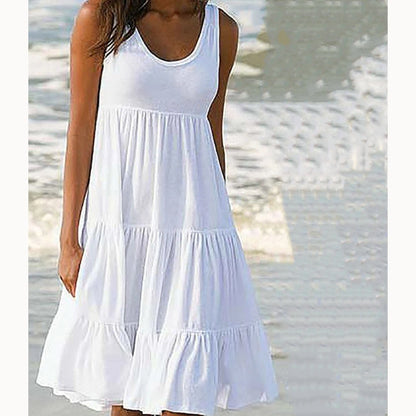 Vestido corto informal de mujer con cuello redondo, sin mangas y volantes – Vestido playero bohemio liso