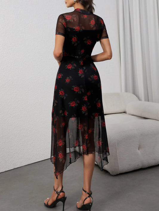 Gothic Dark Floral Mesh Patchwork Dress - Chic summer dress for women