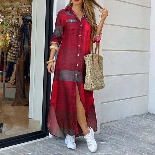 Elegant Women’s Long Sleeve Plaid Maxi Dress - Chic summer dress for women