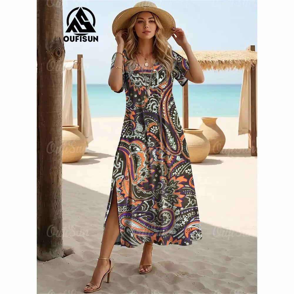 Elegant Women’s Vintage V-Neck Summer Dress – Loose Oversized Long Evening Dress