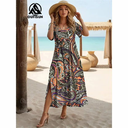 Elegant Women’s Vintage V-Neck Summer Dress – Loose Oversized Long Evening Dress